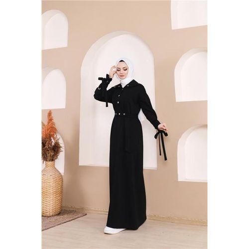 Belden Bağlamalı Çıtçıtlı Kol Şerit Detaylı Uzun Elbise - 71183.003 - Siyah