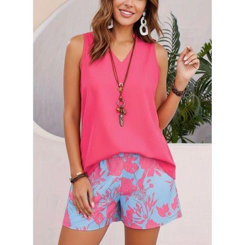 Kadın Askılı V Yakalı Sandy Bluz Ve Desenli Short Ikili Takım