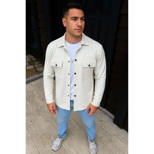 Erkek Diagonal Kumaş Cepli Çıtçıtlı Uzun Kollu, Gömlek Oversize Rahat Kalıp Günlük Şık Stil - Beyaz