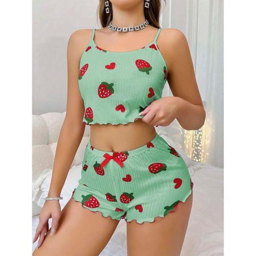 Kadın Yeşil Çilek Desenli Şortlu Pijama Takımı Sevimli Rahat 2’li Set