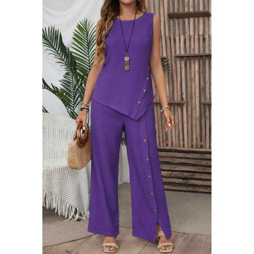 Kadın Askılı Yuvarlak Yakalı önü Asimetrik Detaylı Düğmeli Aerobin Bluz Ve Pantolon Ikili Takım