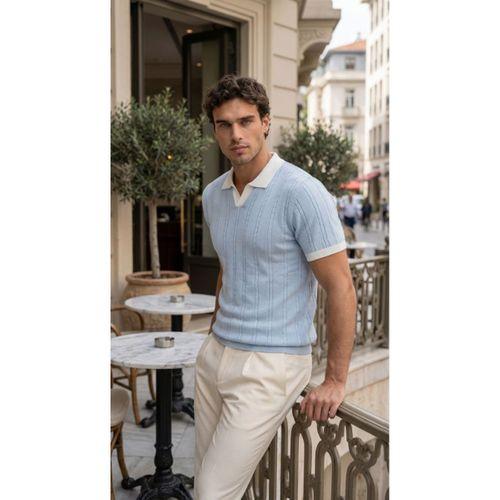 Erkek Örgü Desen Yakalı Kısa Kollu Triko Tişört - %100 Pamuk Akrilik