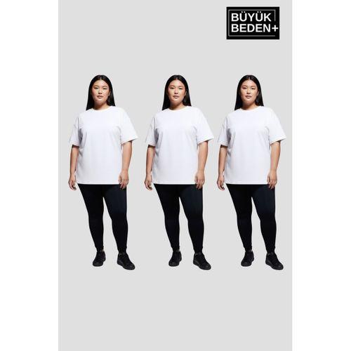Büyük Beden Kadın Basic 3XL-6XL Bisiklet Yaka 3 lü Tişört Seti SPR26BTSK510+3