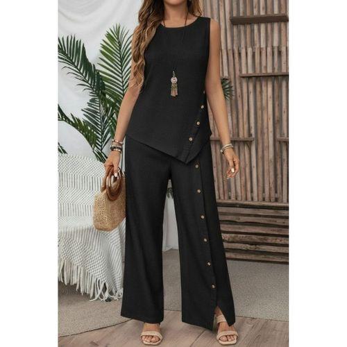 Kadın Askılı Yuvarlak Yakalı önü Asimetrik Detaylı Düğmeli Aerobin Bluz Ve Pantolon Ikili Takım