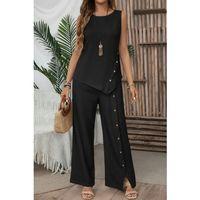 Kadın Askılı Yuvarlak Yakalı önü Asimetrik Detaylı Düğmeli Aerobin Bluz Ve Pantolon Ikili Takım