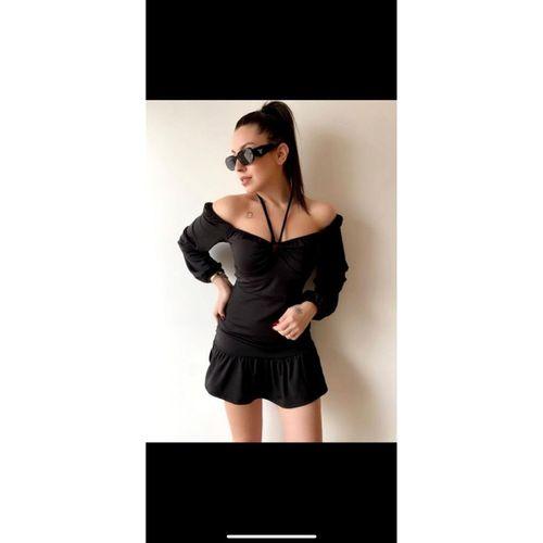 Kadın Uzun Kollu Halter Yaka Detay Mini Elbise