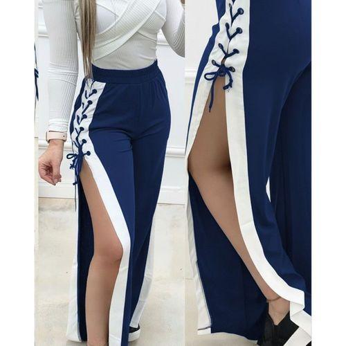 Kadın Yüksek Bel Yandan çapraz Bağcıklı Yırtmaçlı Viskon Iki Iplik Pantolon