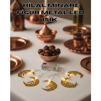 Minareli Hilal Led Işık Gold Metal Gövdeli Pilli Ramazan Dekoru