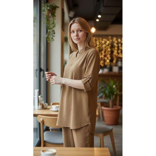 Kadın Kolu Katlanır Düğme Detay Hakim Yaka Bluzve Pantolon Sofia Keten Kumaş Ikili Takim