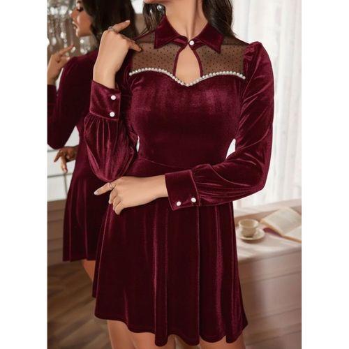 Kadın Uzun Kollu Yakalı Tül Detaylı Incili Mini Kadife Elbise