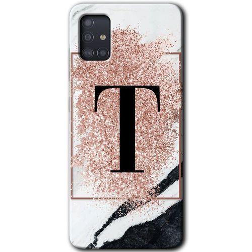 MRCİLETİSİM Samsung Galaxy A51 Kılıf Baskılı Kapak - Pembe Mermer Desenli T Harfi + 5D Tam Kaplayan Cam