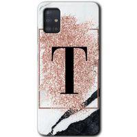 MRCİLETİSİM Samsung Galaxy A51 Kılıf Baskılı Kapak - Pembe Mermer Desenli T Harfi + 5D Tam Kaplayan Cam