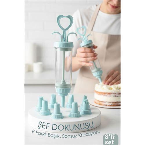Profesyonel 8'li Başlıklı Pasta Krema Süsleme Pompası Seti Enjektör Uçlu