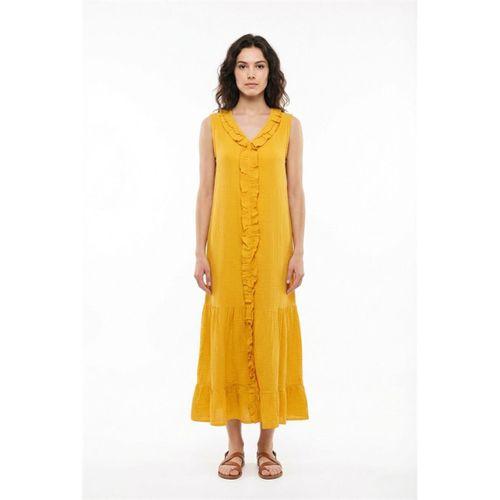 Kolsuz Deniz Fırfırlı V Yaka Yazlık Müslin Uzun Elbise Hardal Hrd