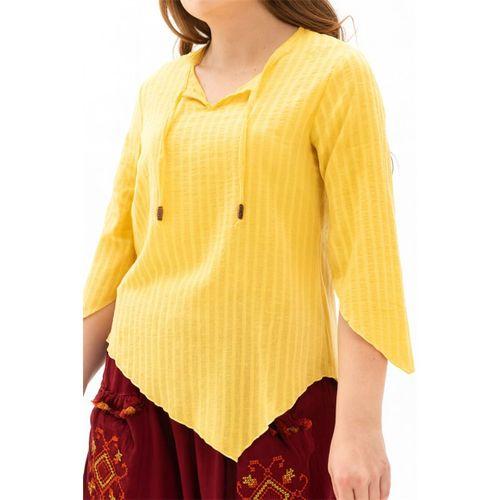 Truvakar Kol Büyük Beden Gofre Rodos Yazlık Bluz Sarı Sarı