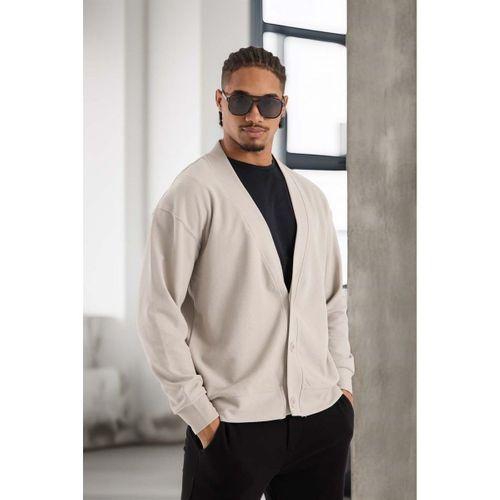Potter Dokulu Selanik Kumaş Oversize Basic 3 Düğmeli Erkek Hırka - Mineral Gri