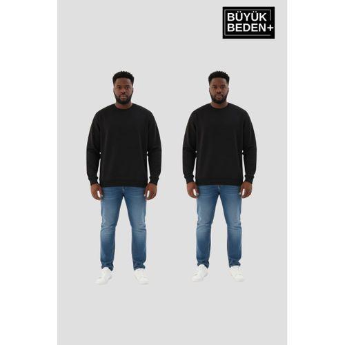 Erkek Büyük Beden İkili Bisiklet Yaka 2’li Set -Rahat Kalıp İnce Sweatshirt SPR26BSW956+2