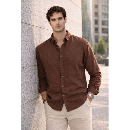 Pera Kumaş Keten Görünümlü Yarım Oversize Uzun kollu Erkek Gömlek - Kahve