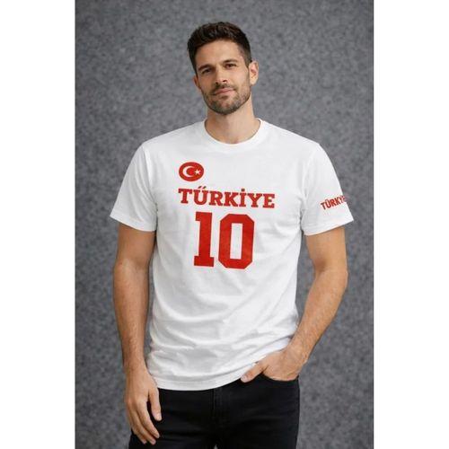 Erkek TÜRKİYE Ay Yıldız Baskılı 10 Numara Forma Tişört Taraftar T-Shirt - Beyaz