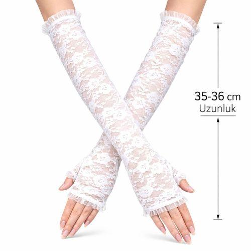 Uzun Zarif Dantel Eldiven Parmaksız Beyaz