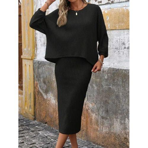 Kadın Uzun Kollu Yuvarlak Yakalı şardonlu Kaşkorse Bluz Ve Etek Ikili Takım