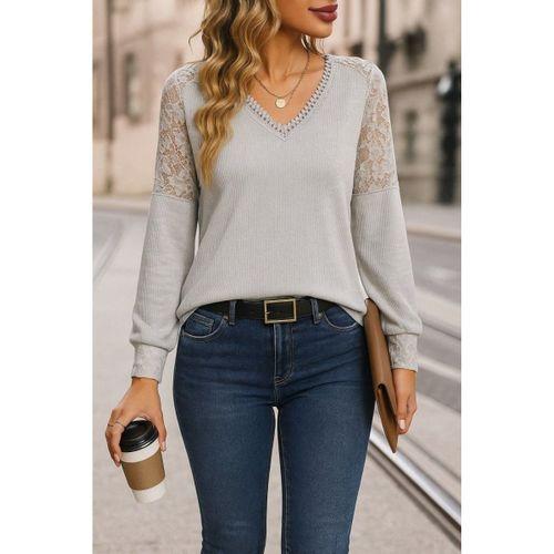 Kadın Uzun Kollu V Yakalı Dantelli Waffle Bluz