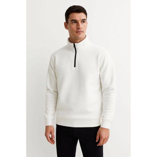 Erkek Dik Yaka Sweatshirt Dik Yaka Yarım Fermuarlı 3 İplik Şardonlu Pamuk Kumaş - Beyaz