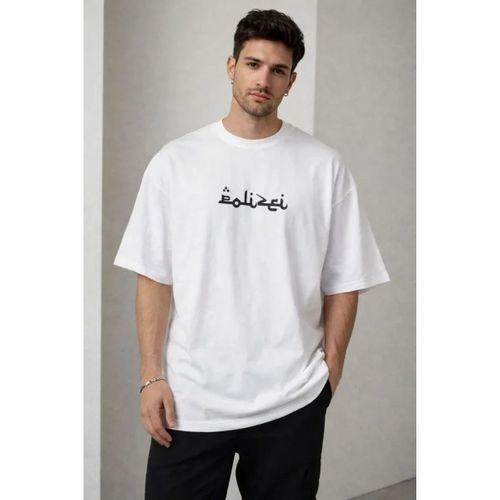 Erkek Bisiklet Yaka Baskılı Kısa Kollu Tişört Streetwear Günlük Basic Pamuklu T-shirt - Beyaz