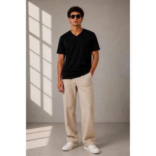 Erkek V Yaka Basic Tişört Kısa Kol Yazlık Regular Fit T-Shirt - Siyah
