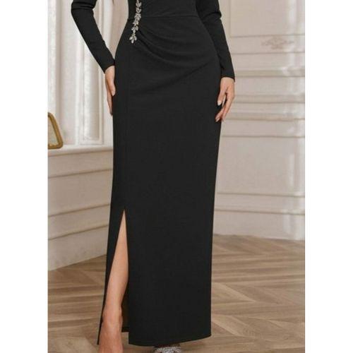 Kadın Uzun Kollu Kruvaze Yakalı Yanları Taşlı Yırtmaçlı Uzun Ithal Krep Elbise