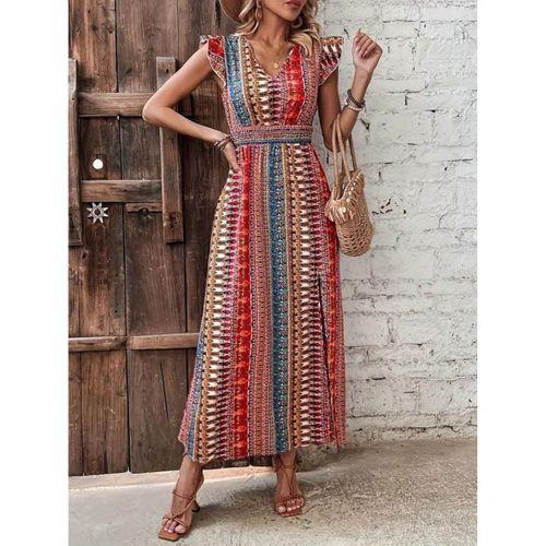 Kadın Kısa Kollu V Yakalı Desenli Yandan Yırtmaçlı Süprem Elbise