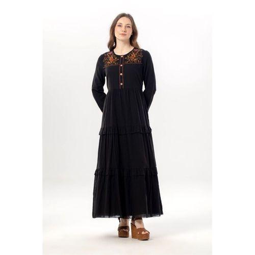 Uzun Kol Zeynep Bisiklet Yaka Nakışlı Uzun Vual Elbise Siyah Syh
