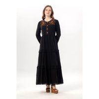 Uzun Kol Zeynep Bisiklet Yaka Nakışlı Uzun Vual Elbise Siyah Syh