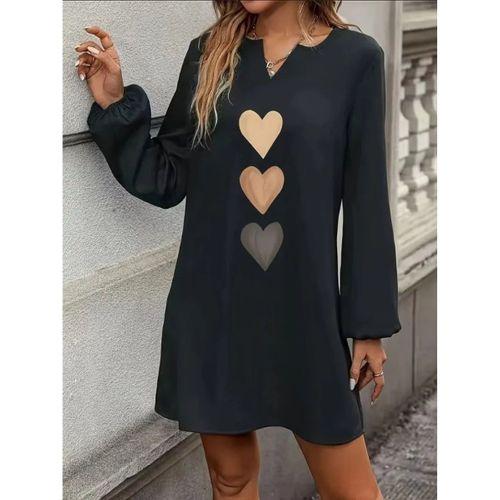 Kadın Uzun Kollu V Yakalı Kalp Desenli Mini Ithal Krep Elbise