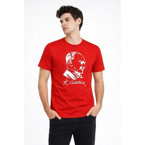 Erkek Atatürk Baskılı Tişört Kısa Kollu Bisiklet Yaka T-Shirt - Kırmızı