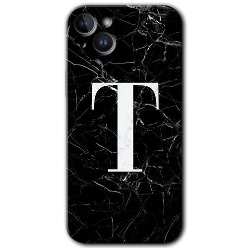 iPhone 14 Plus Kılıf HD Desen Baskılı Arka Kapak - Siyah Mermer Desenli T Harfi