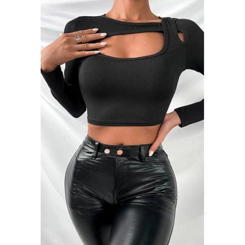 Kadın Siyah Göğüs Dekolteli Çapraz Askılı Uzun Kollu Crop Top Bluz