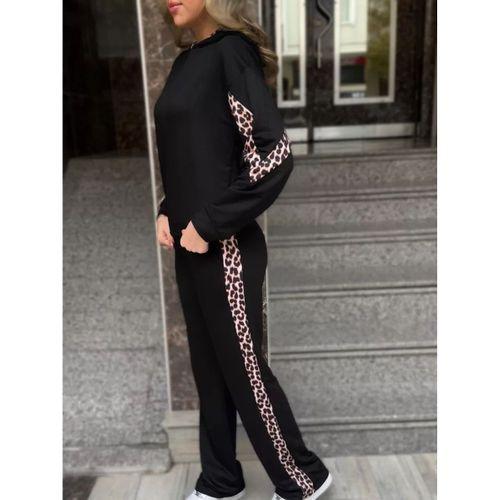 Pilelistore Kadın Kapüşonlu Leopar Detay Sweat Ve Yüksek Bel Yanları Leopar şeritli Bol Paça Pantolon Ikili Takım
