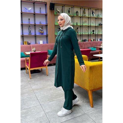 Kapşonlu Düğmeli Sade Basic Uzun Tunik ve Pantolon İkili Spor Takım - 03072.021 - Nefti