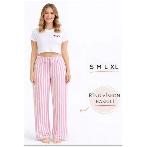 Viskon Pamuklu Kadın Pudra Pembe Çizgili Pijama Pantolon - Mg004 -