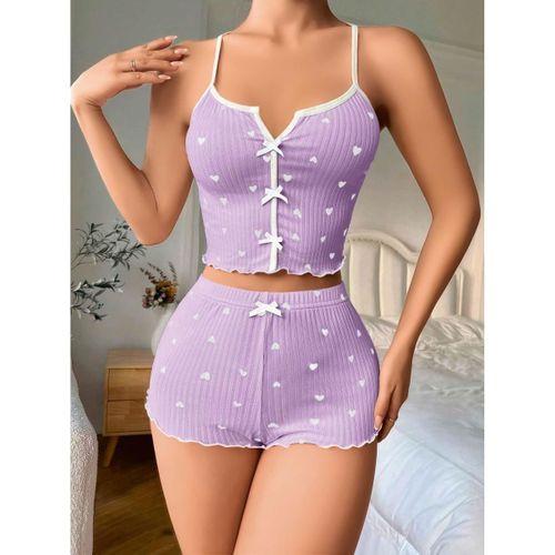 Lila Üstüne Beyaz Kalp Desenli Askılı Şortlu Pijama Takımı