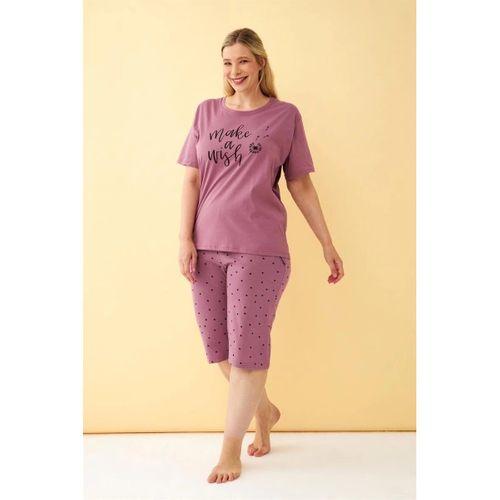 Kadın Mürdüm “make A Wish” Yazılı Büyük Beden Kapri Pijama Takımı