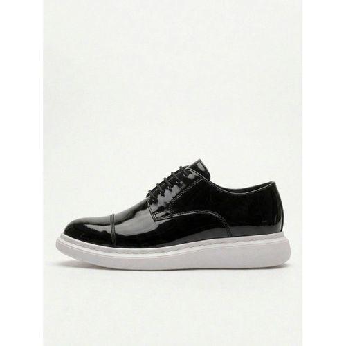 BA0003 Siyah Kapaklı Burun Bağcıklı Rugan Beyaz Taban Erkek Oxford Ayakkabı