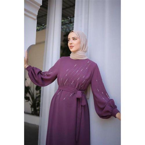 Taş Desenli Belden Bağlamalı Uzun Elbise - 71197 - Mor