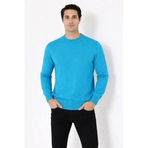 Erkek Bisiklet Yaka Triko Kazak Yumuşak Dokulu Pamuklu Ince Dokuma, Uzun Kollu Rahat Regular Kalıp - Mavi