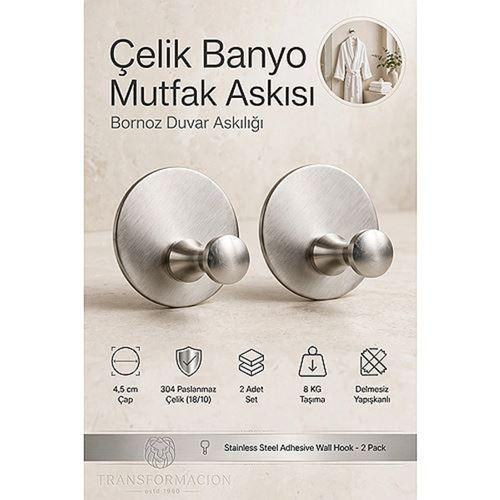 2 li Set Çelik Yapışkanlı Banyo Havluluk Mutfak Askısı Gümüş Bornoz Duvar Askılığı 4,5 cm Çap 304 Paslanmaz 723453
