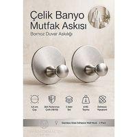 2 li Set Çelik Yapışkanlı Banyo Havluluk Mutfak Askısı Gümüş Bornoz Duvar Askılığı 4,5 cm Çap 304 Paslanmaz 723453