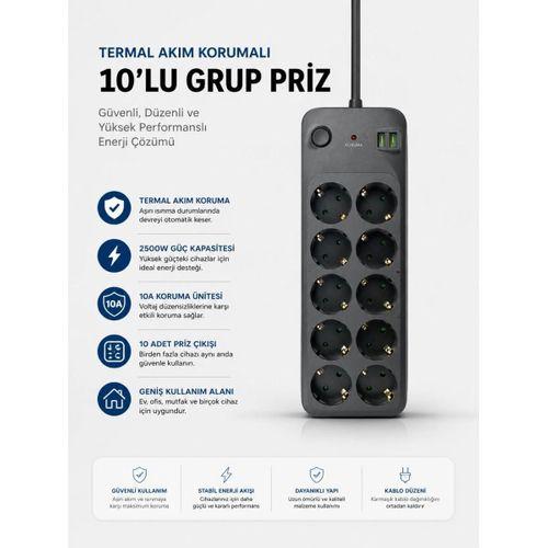 Termal Akım Korumalı Usb Type-c Girişli 10'lu Grup Priz 2500w Güç Kapasitesi (kopya)