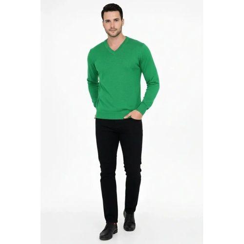 Erkek V Yaka Triko Kazak Yumuşak Dokulu Pamuklu Ince Dokuma, Uzun Kollu Rahat Regular Kalıp - Çimen Yeşili