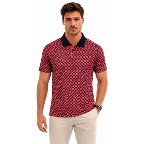 Erkek Pike Kumaş Polo Yaka Desenli Tişört Kısa Kol Yazlık T-Shirt - Kırmızı